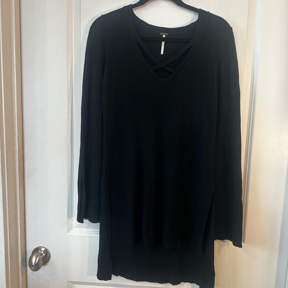 Free People Black Criss Cross Front Hi/ Lo  Ribbed Split Hem Sweater, Small